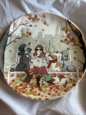 Pier 1 Fall Dogs & Woman Decorative Dinner Plate in White, Brown, Orange, Green